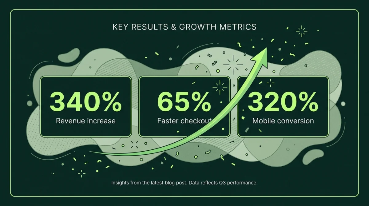 Case study results: 340% revenue increase, 65% faster checkout, 320% mobile conversion improvement