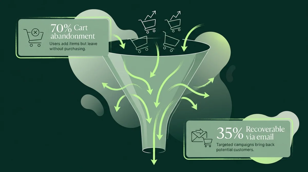 E-commerce conversion funnel with cart abandonment statistics