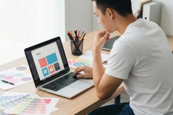 Designer working on a laptop showcasing a vibrant website design in a modern workspace