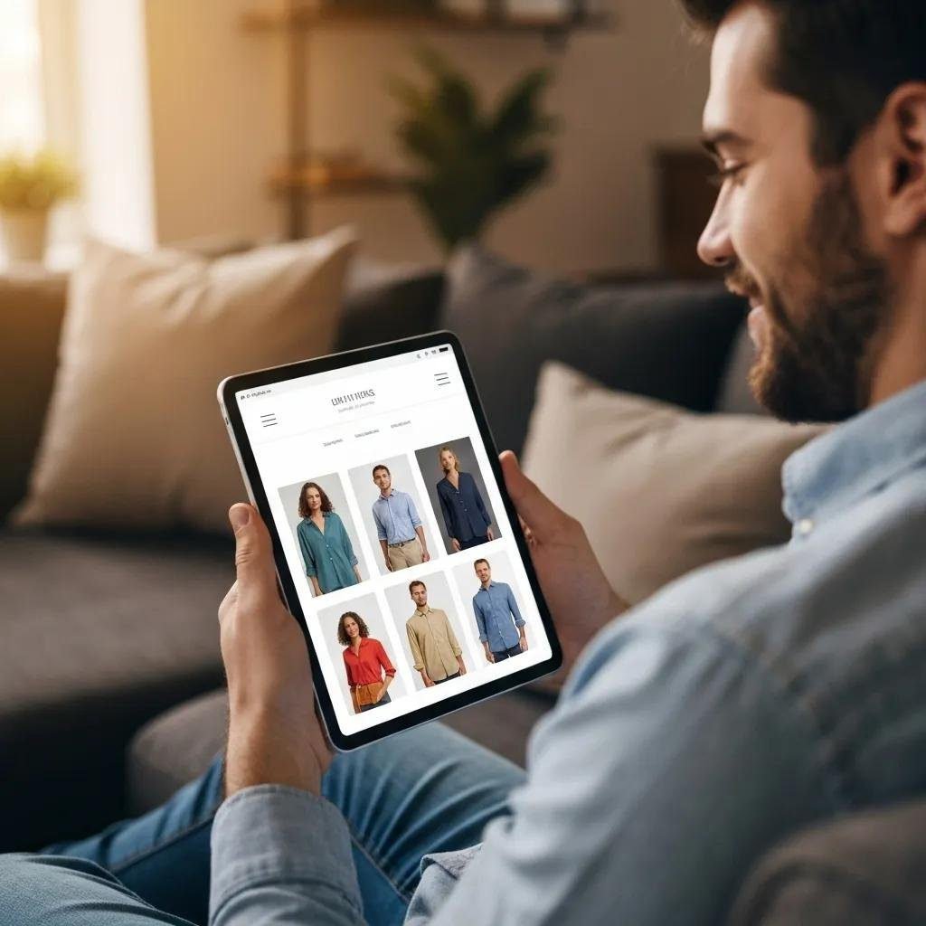 User shopping on an ecommerce website on a tablet in a cozy home setting